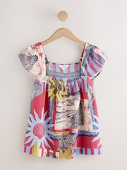 Pink/Blauer Rahmen-Print - Top mit flatternden Ärmeln, Knopfleiste und Leinenanteil - Bild 5 von 7
