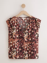Deer Print V-Neck Short Sleeve Top with Linen - Image 1 of 3