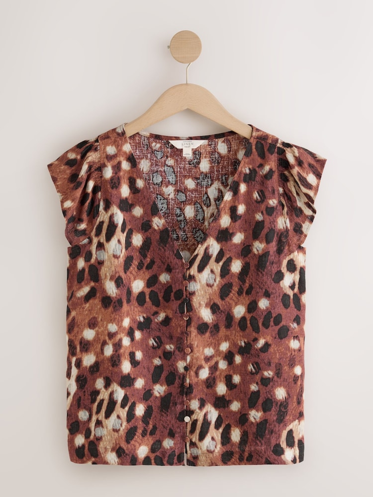 Deer Print V-Neck Short Sleeve Top with Linen - Image 1 of 3 Deer Print V-Neck Short Sleeve Top with Linen - Image 1 of 3