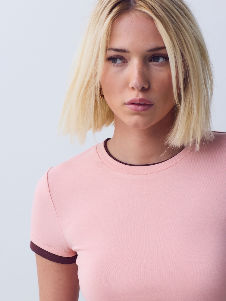 Pink/Brown Short Sleeve Layered Crew Neck T-Shirt - Image 1 of 8
