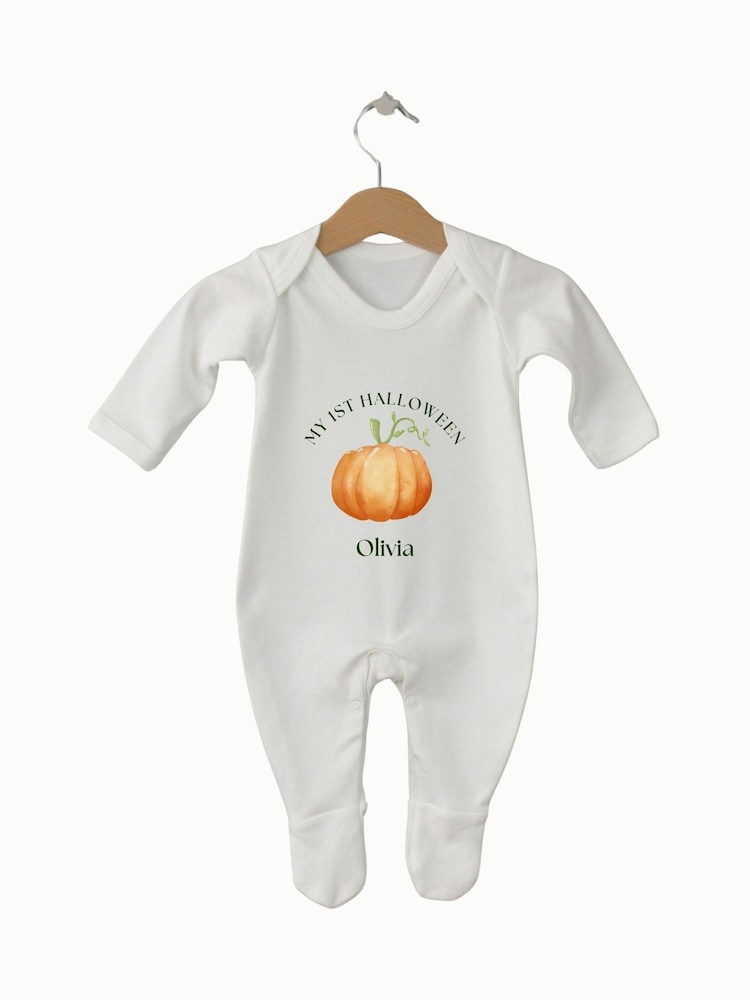 Personalised 1st Halloween Ghost Sleepsuit by Koko Blossom - Image 1 of 2 Personalised 1st Halloween Ghost Sleepsuit by Koko Blossom - Image 1 of 2