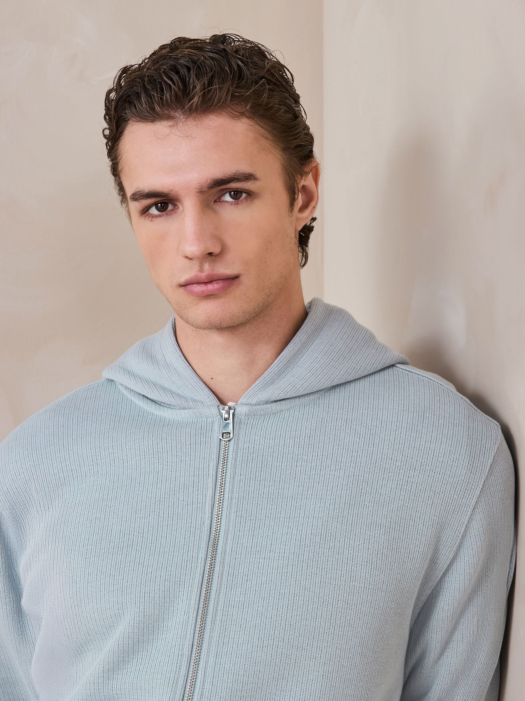 Cumpără Albastru deschis - Smart Rib Textured Zip Through Hoodie