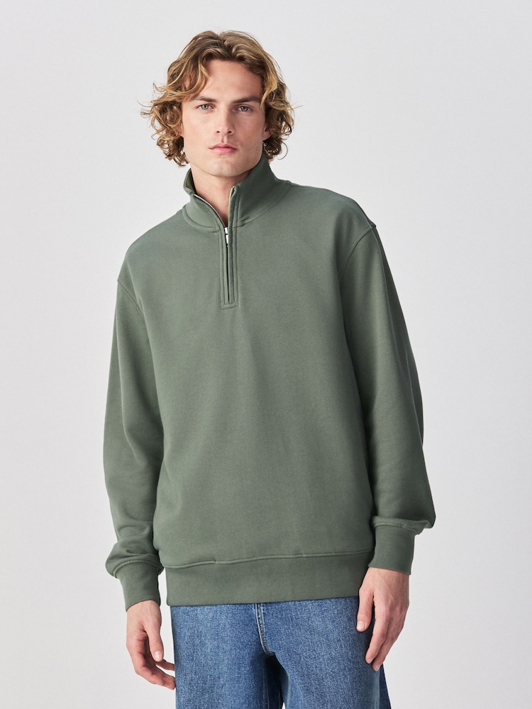 Khaki Green Cotton Rich Lightweight Jersey Quarter Zip Sweatshirt - Image 1 of 8 Khaki Green Cotton Rich Lightweight Jersey Quarter Zip Sweatshirt - Image 1 of 8