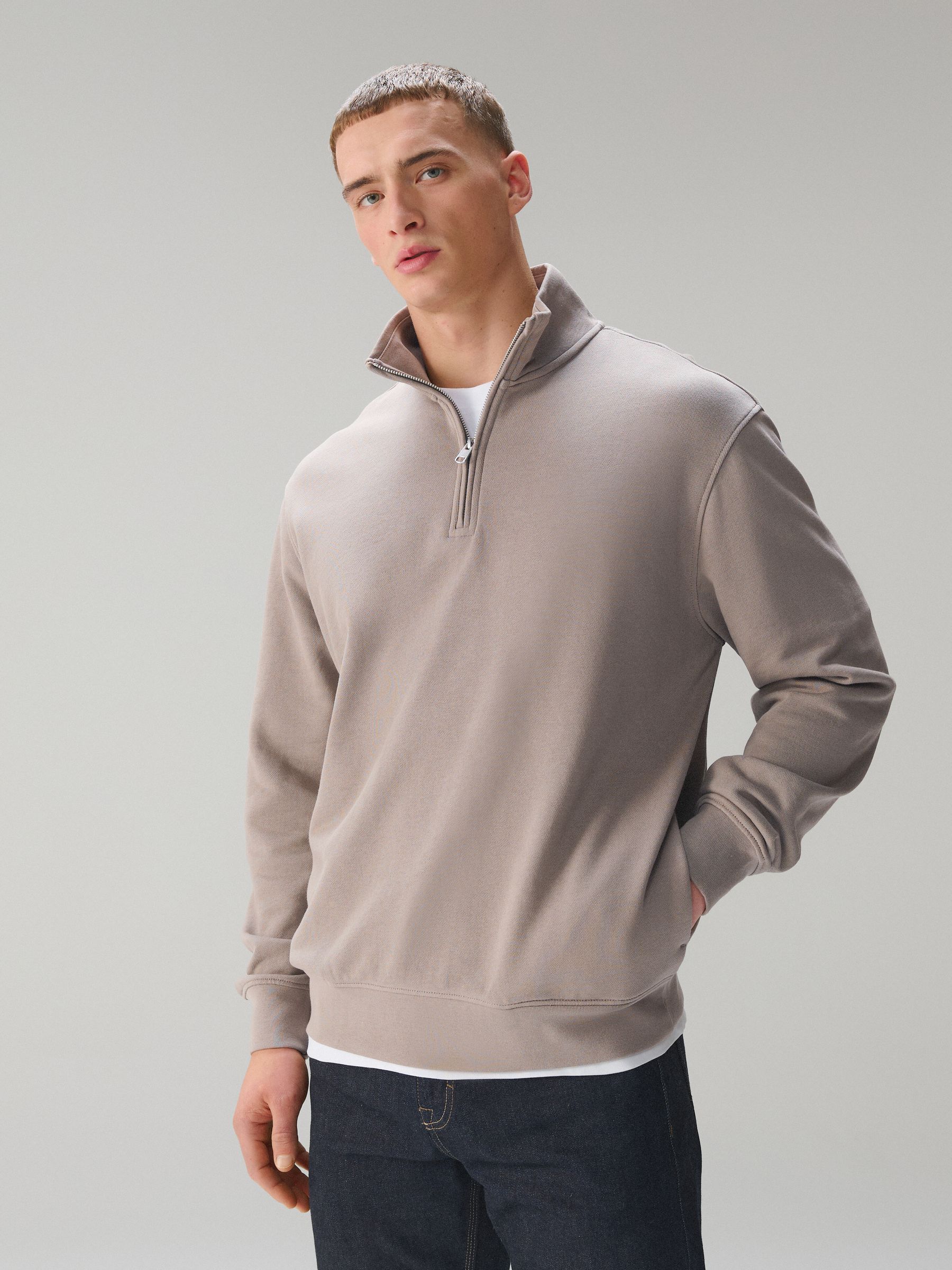 Buy Neutral Stone Cotton Rich Lightweight Jersey Quarter Zip