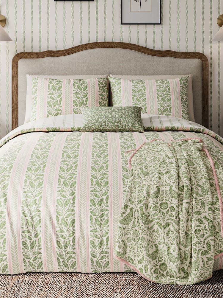 Helena Springfield Green Pink Oak Stripe 100% Cotton Duvet Set - Image 1 of 5 Helena Springfield Green Pink Oak Stripe 100% Cotton Duvet Set - Image 1 of 5