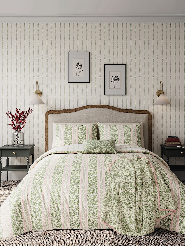 Helena Springfield Green Pink Oak Stripe 100% Cotton Duvet Set - Image 2 of 5