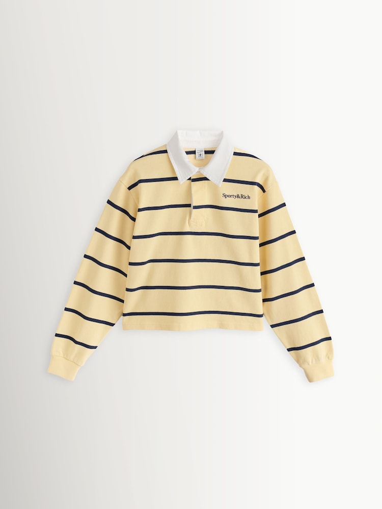 Sporty & Rich Yellow Serif Logo Stripe Rugby Polo Jumper - Image 1 of 4