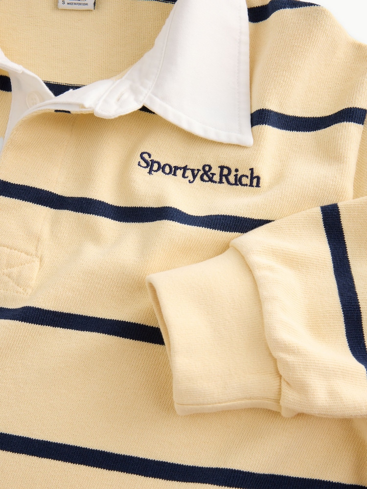 Sporty & Rich Yellow Serif Logo Stripe Rugby Polo Jumper - Image 4 of 4