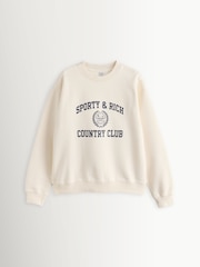 Sporty & Rich Cream Varsity Crest Crew Neck Sweat Top - Image 6 of 9