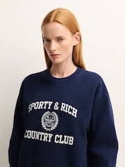 Sporty & Rich Blue Varsity Crest Crew Neck Sweat Top - Image 5 of 9