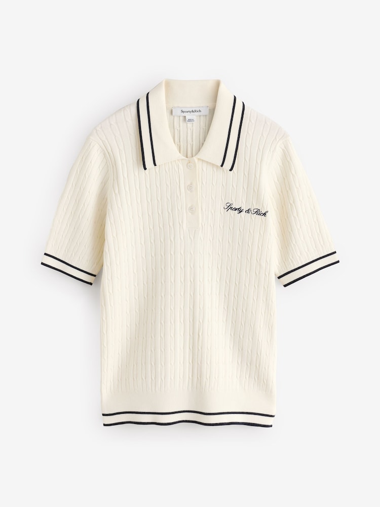 Sporty & Rich White Signature Logo Mini Cable Polo Shirt - Image 1 of 4