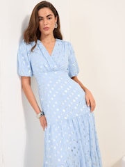 Friends Like These Pale Blue Polka Dot Metallic Short Sleeve Midi Dress - Image 2 of 4