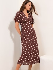 Friends Like These Brown Spot V-Neck Flutter Sleeve Midi Dress - Image 1 of 4
