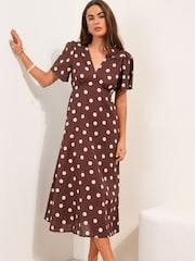 Friends Like These Brown Spot V-Neck Flutter Sleeve Midi Dress - Image 3 of 4