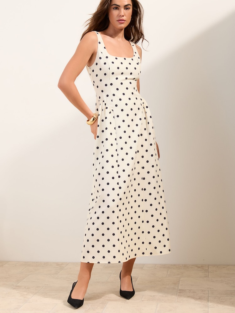 Friends Like These White & Black Polka Dot Full Prom Skirt Midi Dress - Image 1 of 4 Friends Like These White & Black Polka Dot Full Prom Skirt Midi Dress - Image 1 of 4