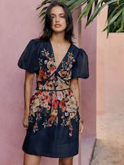 Friends Like These Navy Floral Puff Sleeve V-Neck Mini Dress - Image 1 of 4