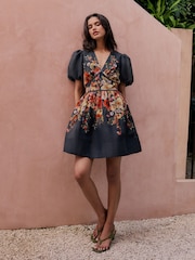 Friends Like These Navy Floral Puff Sleeve V-Neck Mini Dress - Image 2 of 4