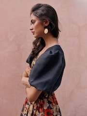 Friends Like These Navy Floral Puff Sleeve V-Neck Mini Dress - Image 3 of 4