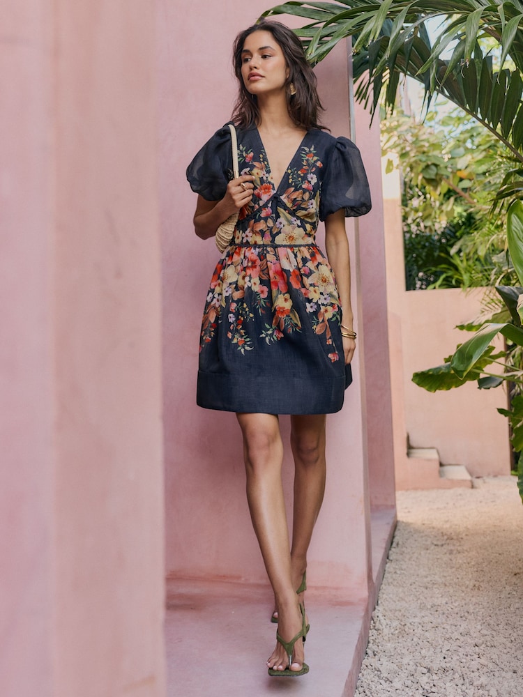 Friends Like These Navy Floral Puff Sleeve V-Neck Mini Dress - Image 4 of 4 Friends Like These Navy Floral Puff Sleeve V-Neck Mini Dress - Image 4 of 4