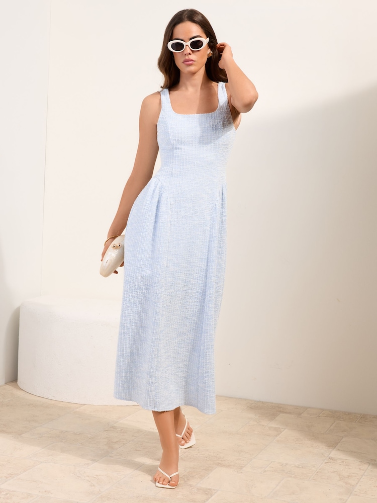Friends Like These Blue Boucle Boucle Full Skirt Prom Midi Dress - Image 1 of 5 Friends Like These Blue Boucle Boucle Full Skirt Prom Midi Dress - Image 1 of 5