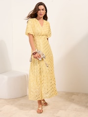 Friends Like These Buttermilk Polka Dot Metallic Short Sleeve Midi Dress - Image 1 of 4