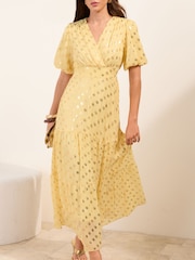 Friends Like These Buttermilk Polka Dot Metallic Short Sleeve Midi Dress - Image 2 of 4