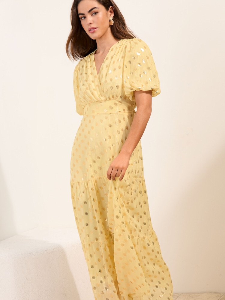 yellow polka dot midi dress Yellow Polka Dot Cotton Midi Dress with Pockets