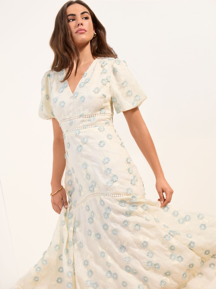 Friends Like These Buttermilk Puff Sleeve Floral Detail Midi Dress - Image 1 of 4