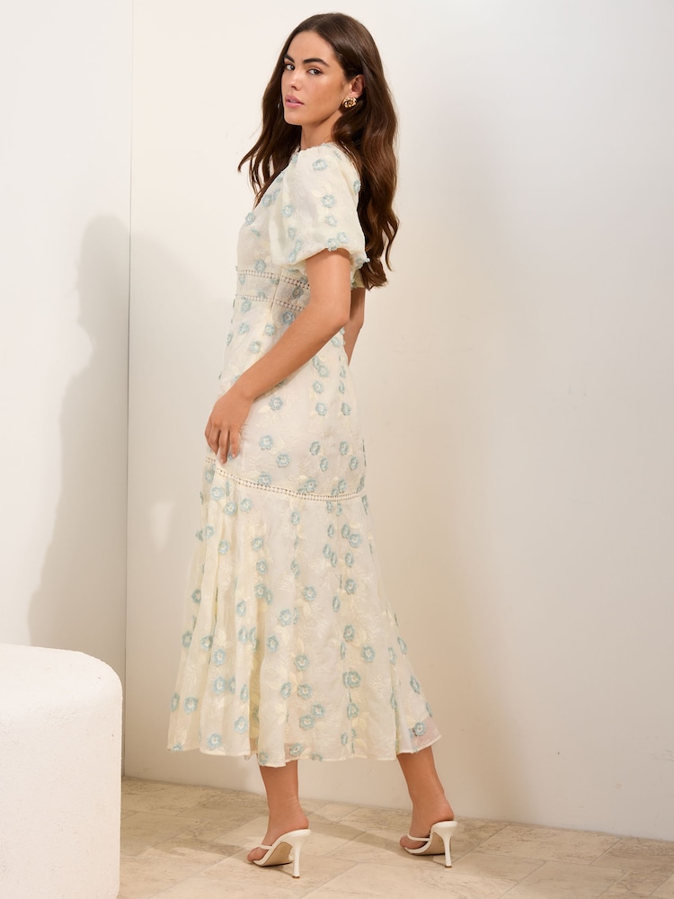 Friends Like These Buttermilk Puff Sleeve Floral Detail Midi Dress - Image 4 of 4