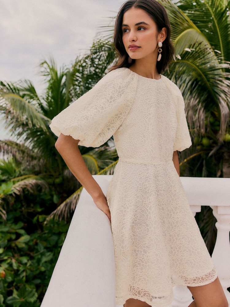 Friends Like These White Puff sleeve Lace Mini Dress - Image 1 of 5 Friends Like These White Puff sleeve Lace Mini Dress - Image 1 of 5