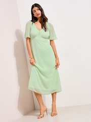 Friends Like These Mint Green Chiffon Angel Sleeve V-Neck Button Midi Dress - Image 1 of 5