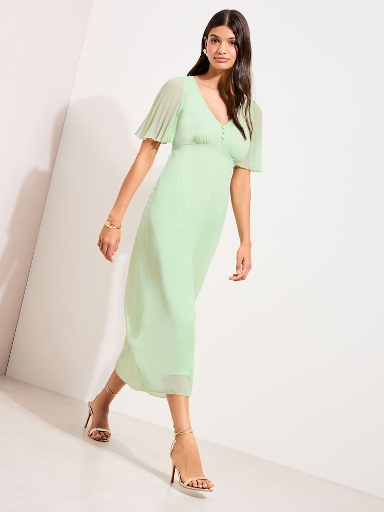Friends Like These Mint Green Chiffon Angel Sleeve V-Neck Button Midi Dress - Image 2 of 5