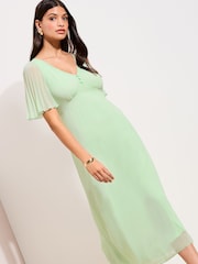 Friends Like These Mint Green Chiffon Angel Sleeve V-Neck Button Midi Dress - Image 4 of 5