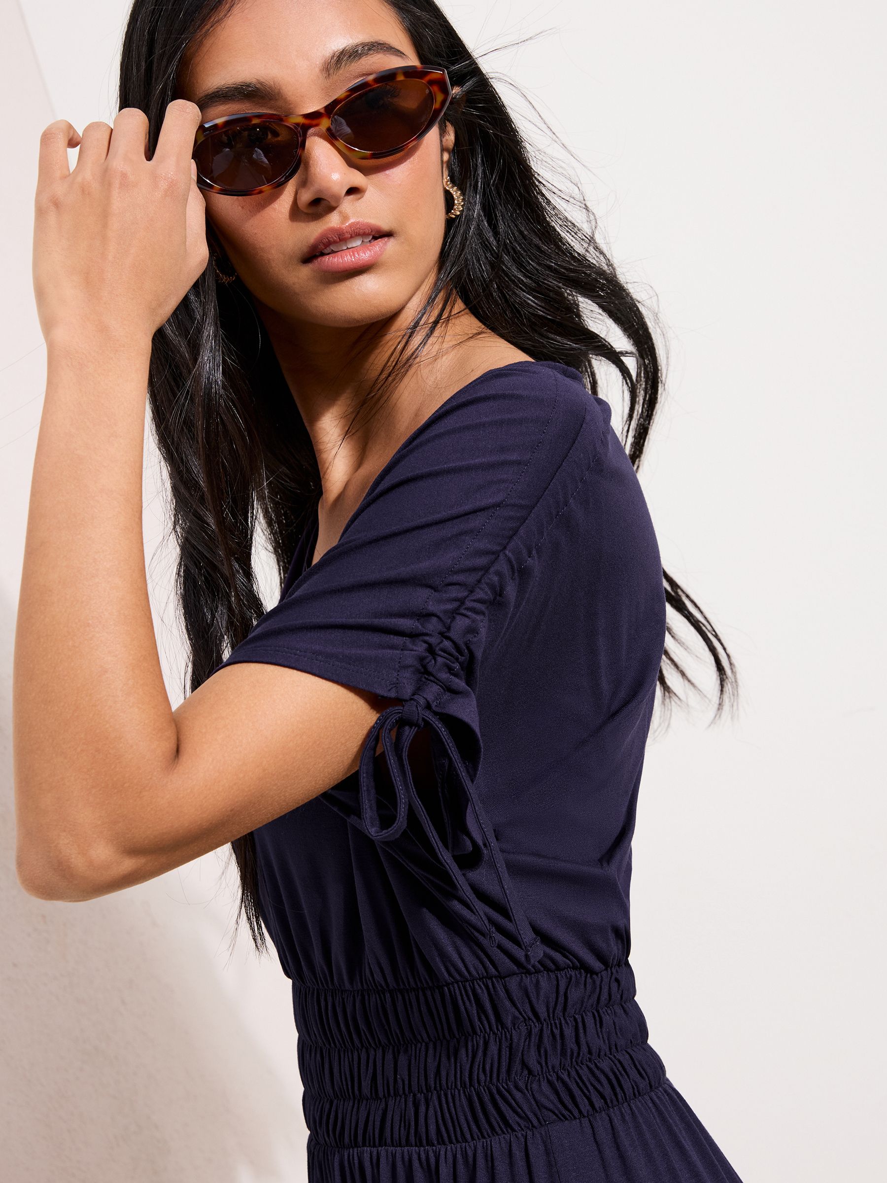 Buy Friends Like These Navy Blue V-Neck Shirred Waist Jersey Maxi