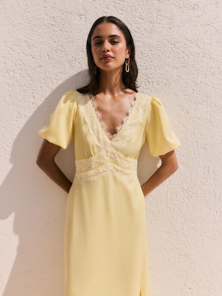 Womens Friends Like These Yellow Lace Trim Puff Sleeve Midi Dress US 16