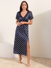 Friends Like These Navy Blue Spot Petite Lace Trim Puff Sleeve Midi Dress - Image 1 of 4