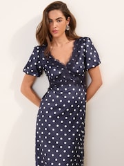 Friends Like These Navy Blue Spot Petite Lace Trim Puff Sleeve Midi Dress - Image 2 of 4