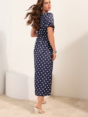 Friends Like These Navy Blue Spot Petite Lace Trim Puff Sleeve Midi Dress - Image 4 of 4