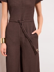 Friends Like These Chocolate Brown Petite Short Sleeve Textured Jumpsuit - Image 3 of 4