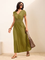 Verde oliva - Friends Like These V-Neck Shirred Waist Jersey Maxi Dress - Imagen 1 de 4