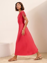 Friends Like These Pink Petite V-Neck Shirred Waist Jersey Maxi Dress - Image 3 of 5