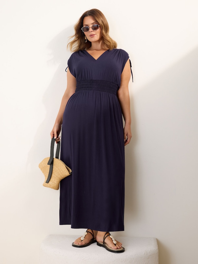 Friends Like These Navy Curve V-Neck Shirred Waist Jersey Maxi Dress - Image 1 of 4