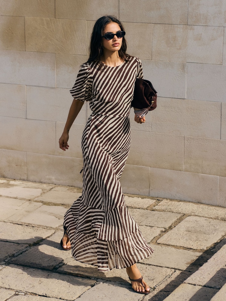 Friends Like These Black/White Stripe Petite Puff Sleeve Tiered Hem Midi Dress - Image 1 of 5