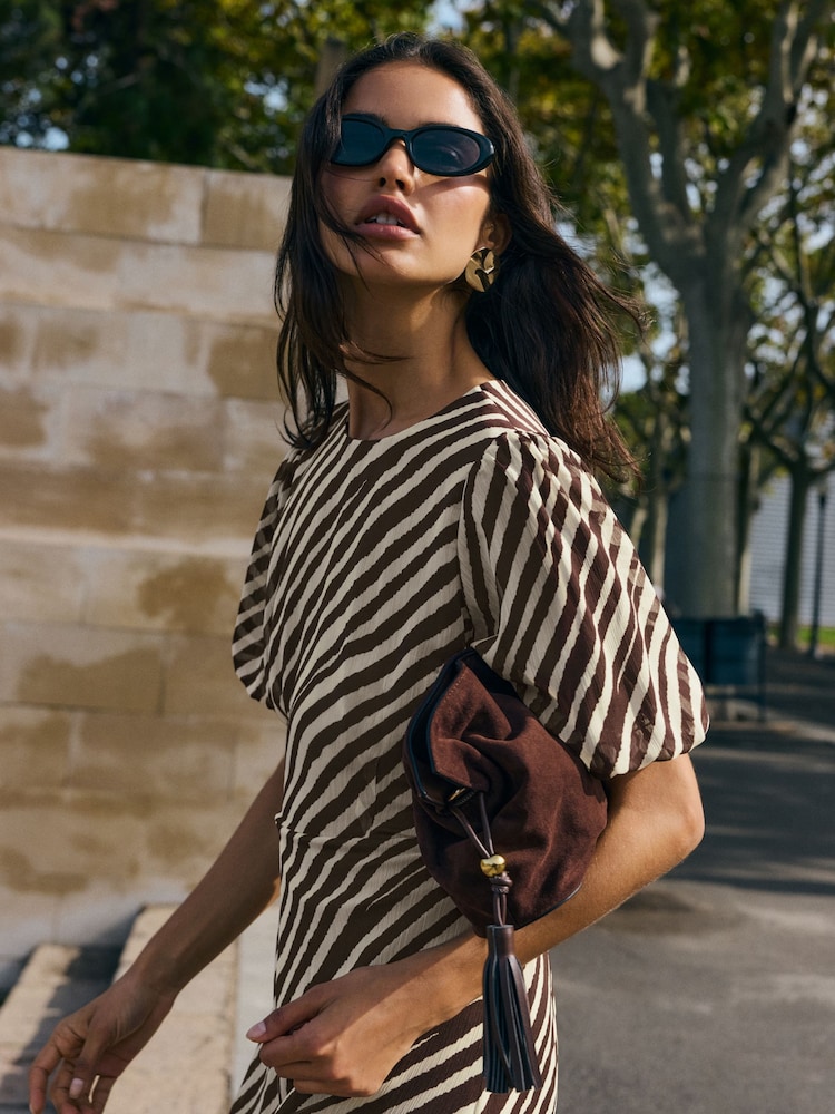 Friends Like These Black/White Stripe Petite Puff Sleeve Tiered Hem Midi Dress - Image 2 of 5