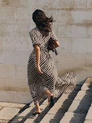 Friends Like These Black/White Stripe Petite Puff Sleeve Tiered Hem Midi Dress - Image 3 of 5