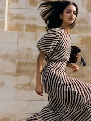 Friends Like These Black/White Stripe Petite Puff Sleeve Tiered Hem Midi Dress - Image 4 of 5