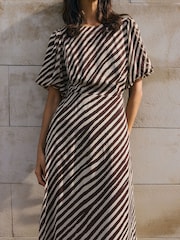 Friends Like These Black/White Stripe Petite Puff Sleeve Tiered Hem Midi Dress - Image 5 of 5