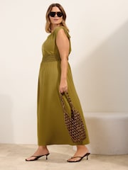 أخضر زيتوني - فستان ماكسي بخصر مزين وياقة حرف V من الجيرسي من Friends Like These - Image 3 of 4