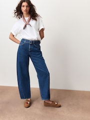 Dark Blue Belted Barrel Jeans - Image 1 of 5