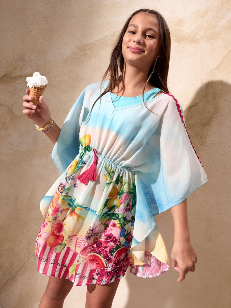 Lipsy Pink/Blue Beach Printed Chiffon Kaftan (5-16yrs) - Image 1 of 4